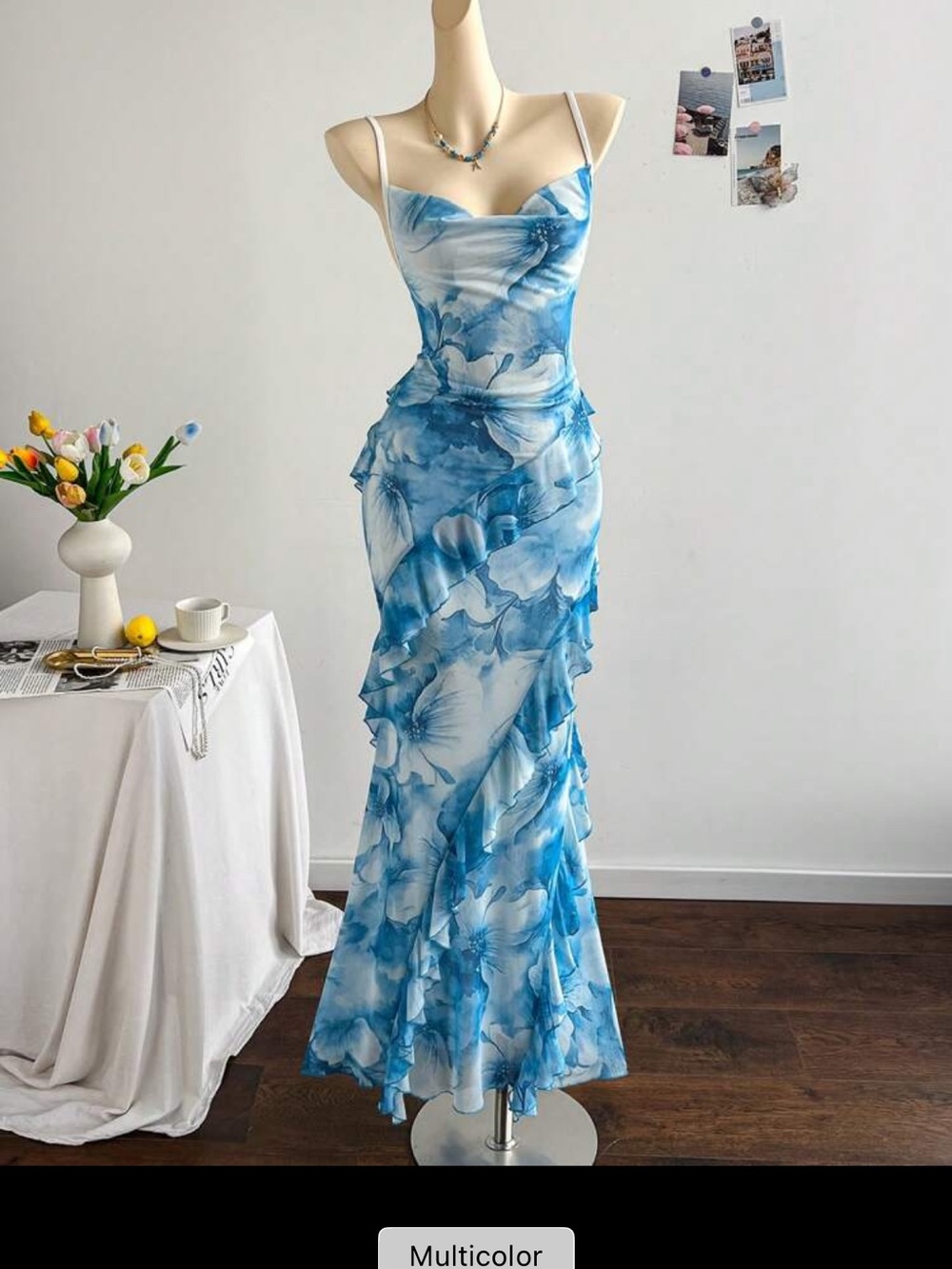 Blue Floral Ruffle Slip Maxi Dress with Spaghetti Straps